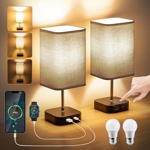 Nachttischlampe Touch Dimmbar 2er Set - LED Tischlampe mit 2 USB A+Typ-C Ladeanschlüsse & 2 Dimmbare E27 Glühbirne, 3 Helligkeitsstufen, Grau Lampenschirm für Schlafzimmer, Wohnzimmer, Büro von LaiTeny