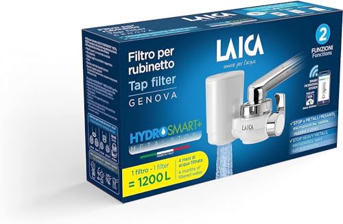 LAICA Genova Wasserfilter Wasserhahn mit HYDROSMART-System + Metal Stop Filter, Kapazität 1200 l, 5 Wasserhahn-Adapter, entfernt Mikro-Kunststoffe, Chlor Schwermetalle aus dem Wasserhahn von Laica