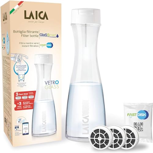 Laica Bk31A Filterflasche aus Glassmart-Glas, 3 Fast Disk Filter inklusive, 360 Liter sofort gefiltertes Wasser, weiß/transparent, 13,8 x 13,8 x 38,8 cm; 1,06 kg von Laica