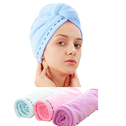 Laicky 3 Pack Mikrofaser Haar Handtuch Wrap Super Saugfähig Twist Turban Schnell trockenes Haar Kappen mit Tasten Bad Schlaufe Befestigen Salon trockenes Haar Hat Pink Blau Lila von Laicky