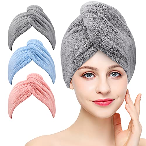 Laicky 3 Stück Mikrofaser-Handtuch zum Trocknen von Haaren, super saugfähig, verdrehter Turban, schnell trocknend, Haarkappen mit Knöpfen, Badeschlaufe, zum Befestigen von Salon von Laicky