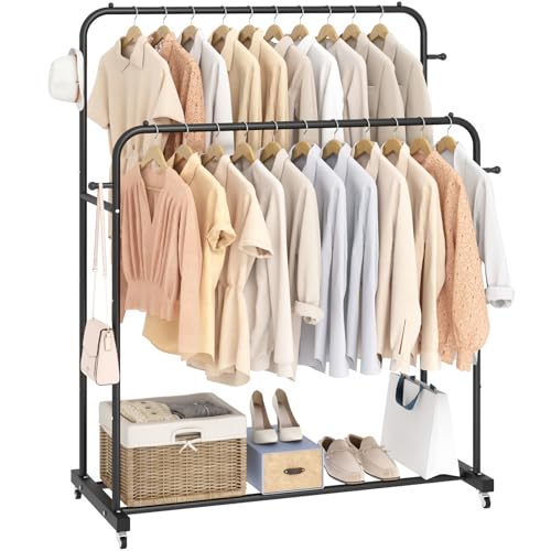Laiensia Doppelstangen Kleiderständer mit Rollen, Kleiderständer zum Aufhängen von Kleidung, 4 Haken, multifunktionaler Schlafzimmer-Kleiderständer, Schwarz Laiensia Doppelstangen Kleiderständer mit Rollen, Kleiderständer zum Aufhängen von Kleidung, 4 Haken, multifunktionaler Schlafzimmer-Kleiderständer, Schwarz von Laiensia