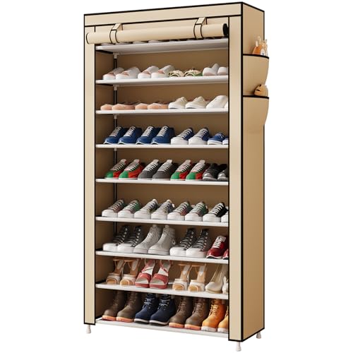 Laiensia Schuhregal mit 9 Ebenen, platzsparende Schuhaufbewahrung, Organizer, Vliesabdeckung, Schuhregal, hält 28–35 Paar für Schlafzimmer, Flur, Eingangsbereich, Beige von Laiensia