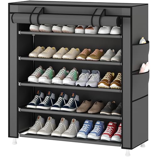 Laiensia Vertikales Schuhregal mit 5 Ebenen, platzsparender Schuhaufbewahrungs-Organizer, Vlies-Abdeckung, Schuhregal, hält 15–20 Paar für Schlafzimmer, Flur, Schrankeingang, Grau von Laiensia