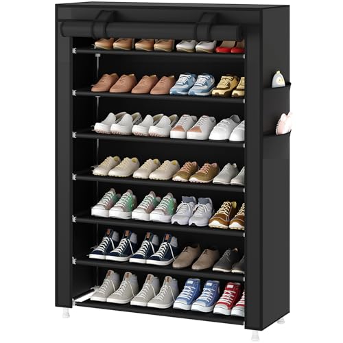 Laiensia Vertikales Schuhregal mit 7 Ebenen, platzsparende Schuhaufbewahrung, Organizer, Vliesabdeckung, Schuhregal für 21–28 Paar für Schlafzimmer, Flur, Schrankeingang, Schwarz von Laiensia