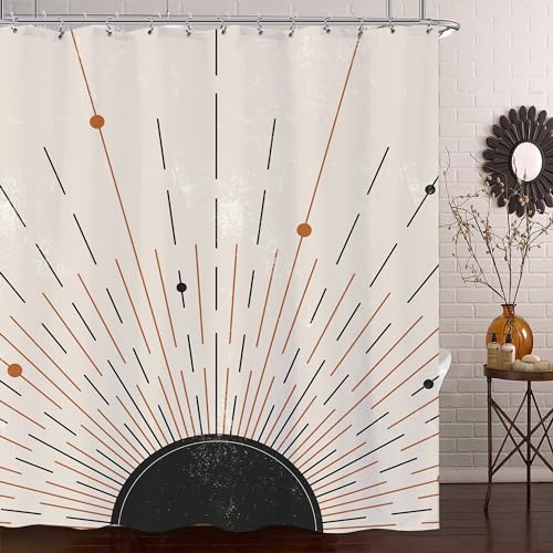 Laifzere Boho Black Sun Duschvorhang Abstrakt Mitte Jahrhundert Sonnenuntergang Duschvorhang für Badezimmer Set Retro Sonnenschein Minimalistisch Vintage Modern Männer Duschvorhang für Badewanne Dekor von Laifzere