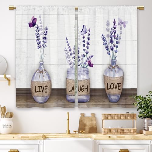 Laifzere Farmhouse Violett Lavendel Küchenvorhänge Flasche Rustikale Landblume Klein Kurz Cafe Fenster Vorhänge Blumen Plank Rod Pocket Badezimmer Fenster Vorhänge Behandlung Stufenvorhänge (70x99 cm) von Laifzere