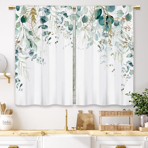 Laifzere Küchengardinen mit botanischen Blättern, klein, kurz, Aquarell, Pflanzenmotiv, für Badezimmer, Stufengardinen, 2-teilig (70 x 99 cm) von Laifzere