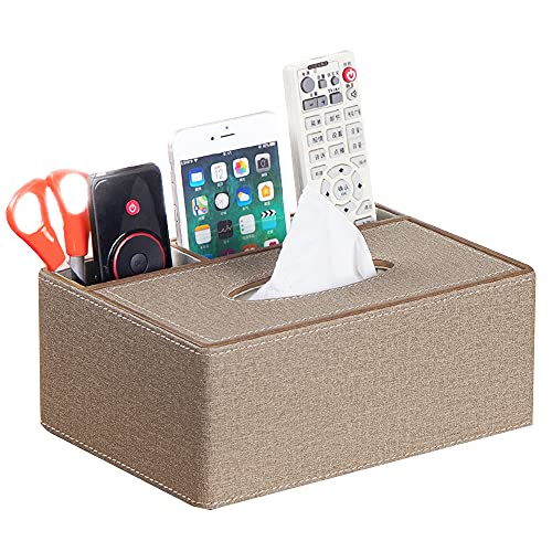 Multifunktionaler Leder-Stiftehalter und Taschentuchbox-Abdeckung, Schreibtisch-Aufbewahrungsbox für Zuhause und Büro (braunes Stoff) von Laikesj