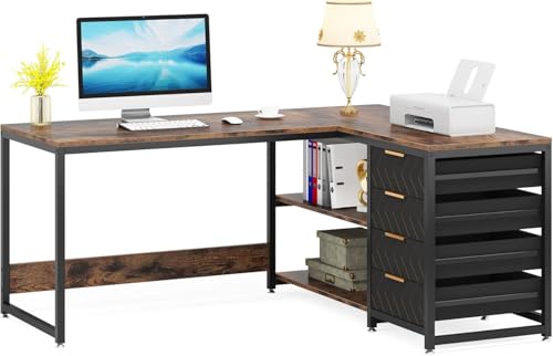 Lailang L-förmiger Eckschreibtisch mit 4 Schubladen und 2 Ablagen für Arbeitszimmer 150x110cm Braun Lailang L-förmiger Eckschreibtisch mit 4 Schubladen und 2 Ablagen für Arbeitszimmer 150x110cm Braun von Lailang