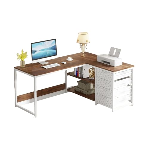 Lailang L-förmiger Eckschreibtisch mit 4 Umkehrbaren Schubladen und 2 Ablagen für Büro 150x110cm Walnuss & Weiß Lailang L-förmiger Eckschreibtisch mit 4 Umkehrbaren Schubladen und 2 Ablagen für Büro 150x110cm Walnuss & Weiß von Lailang