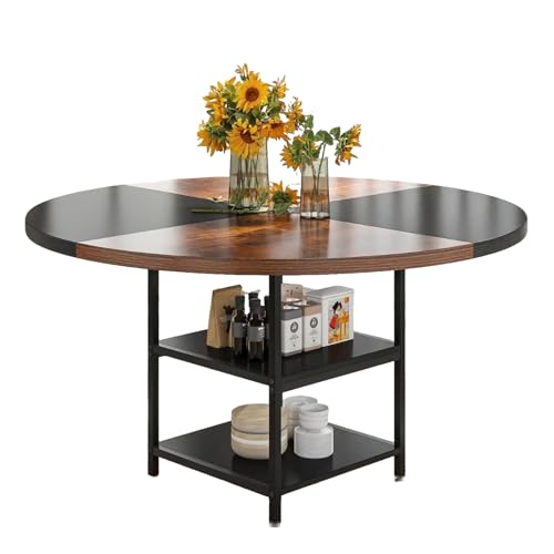 Lailang 120cm Runder Esstisch, Für 4 Personen, Industrie-Stil Holzküchentisch, Großer Esstisch Mit Regal, Für Home Esszimmer Wohnzimmer, Braun Schwarz, 120x120x75 cm von Lailang