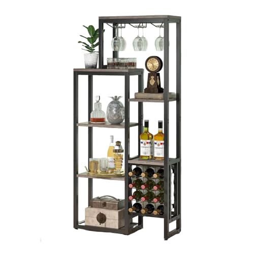 Lailang Weinregal Freistehend 5-stöckig Weinbäckerregal mit Glashalter Weinaufbewahrung Industriell Weinbar Schrank für Bar Küche Esszimmer 175cm Höhe Rustikales Grau von Lailang