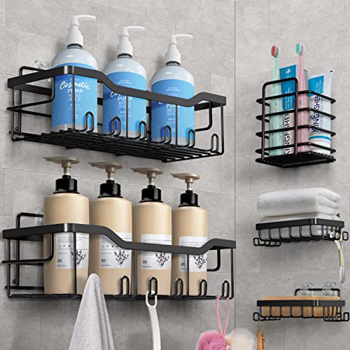 Duschablage Ohne Bohren, 5 Stück Badezimmer Organizer, Duschregal Ohne Bohren, Bad Organizer Badezimmer Regal Schwarz aus SUS304 Edelstahl, Badregal Duschkorb Shampoo Halterung für Dusche von Laimew