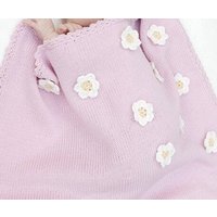 Handgestrickte Hellrosa Babydecke Aus Merinowolle Mit Blumen Und Häkelrand von Laineettissu