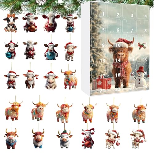 Christmas Cow Countdown,Weihnachtsbaum Flachanhänger Adventskalender - Adventskalender Zubehör Für Haus Kamin Wohnzimmer Auto Rucksack Fenster von Lainiaoly