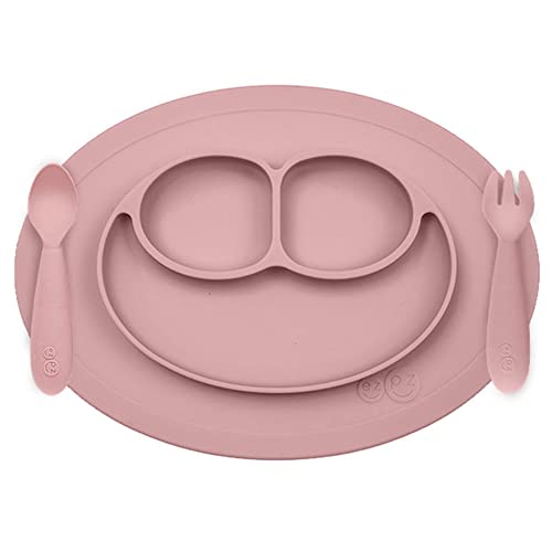 Lait Baby EUMFB005 Brei Set Mini Matte Saugnapf Effekt mit Abschnitten und Lernbesteck, Gabel und Löffel für Kinder +12 Monate Rosa Puder von Lait Baby