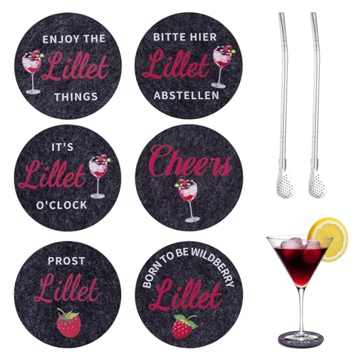 Laitejituan 6 Stück Aperol Untersetzer Filz mit 2 Edelstahl Trinkhalme löffel, Rund Getränkeuntersetzer mit Sprüchen, Lillet Aperol Spritz Geschenk für Aperolliebhaber, Barkeeper & Freunde von Laitejituan
