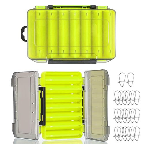 Laitejituan Doppelseitig Köderbox Angeln mit Fishing Karabiner, 27 x 19 x 4,5 cm Kunststoff Angelzubehör Köderbox, Seefischerei Wobbler Box, Köder Aufbewahrungsbox, 14 Fächer Angelboxen für Zubehör von Laitejituan