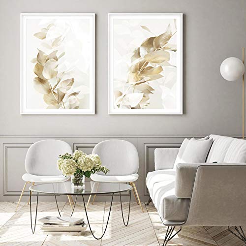 Abstrakte geometrische Wandkunst Boho Golden Eukalyptus Blätter Beige Leinwand Gemälde Poster Druck Bild Wohnzimmer Dekor 50 x 70 cm x 2 rahmenlos von Laiyang