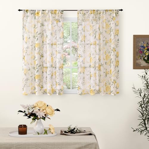 Lajode Durchsichtige Vorhänge, 137 cm lang, 2 Paneele, Blumenmuster, Leinenoptik, halbtransparent, lichtfilternd, kurze Bauernhaus-Vorhänge für Schlafzimmer, Fenster, Stangentasche, Gelb, je 132 cm Lajode Durchsichtige Vorhänge, 137 cm lang, 2 Paneele, Blumenmuster, Leinenoptik, halbtransparent, lichtfilternd, kurze Bauernhaus-Vorhänge für Schlafzimmer, Fenster, Stangentasche, Gelb, je 132 cm von Lajode