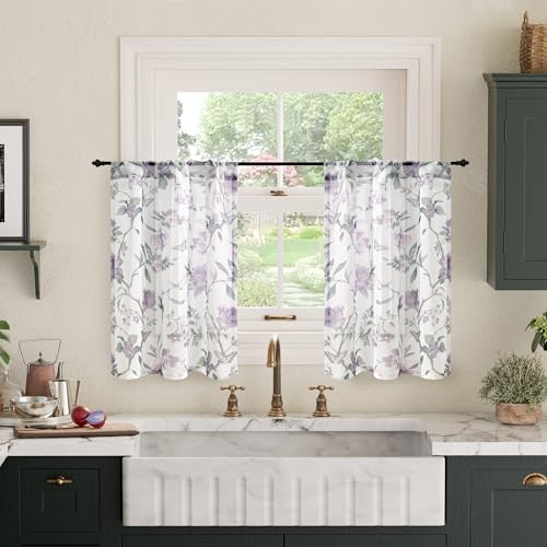 Lajode Durchsichtige Vorhänge mit Blumenmuster für Fenster, kurz, halbtransparent, lichtfilternd, Vintage-Lavendel, Bauernhaus, Keller, halbe Café-Vorhänge, 61 cm lang, 2 Paneele, Stangentasche, Lila, Lajode Durchsichtige Vorhänge mit Blumenmuster für Fenster, kurz, halbtransparent, lichtfilternd, Vintage-Lavendel, Bauernhaus, Keller, halbe Café-Vorhänge, 61 cm lang, 2 Paneele, Stangentasche, Lila, von Lajode