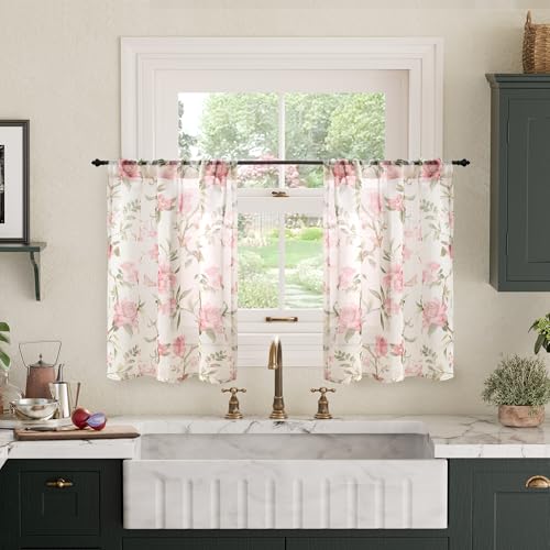 Lajode Durchsichtige Vorhänge mit Blumenmuster für Küchenfenster, kurz, halbtransparent, lichtfilternd, Vintage-Stil, Bauernhaus, Keller, halbe Café-Vorhänge, 61 cm lang, 2 Paneele, Stangentasche, Lajode Durchsichtige Vorhänge mit Blumenmuster für Küchenfenster, kurz, halbtransparent, lichtfilternd, Vintage-Stil, Bauernhaus, Keller, halbe Café-Vorhänge, 61 cm lang, 2 Paneele, Stangentasche, von Lajode