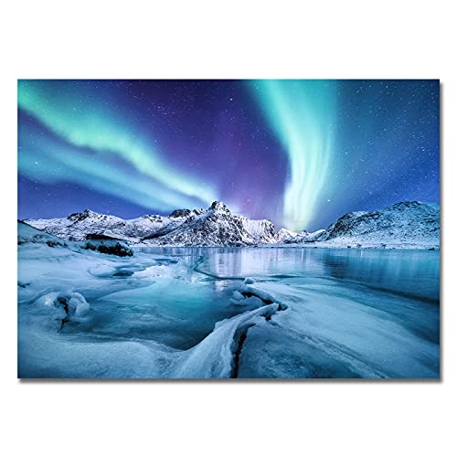 Bunte Aurora Borealis Gemälde auf Leinwand Nordlicht Landschaft Poster und Druck Wandkunst Wohnzimmer Dekor Bild-60x90cm Kein Rahmen von Lakabara