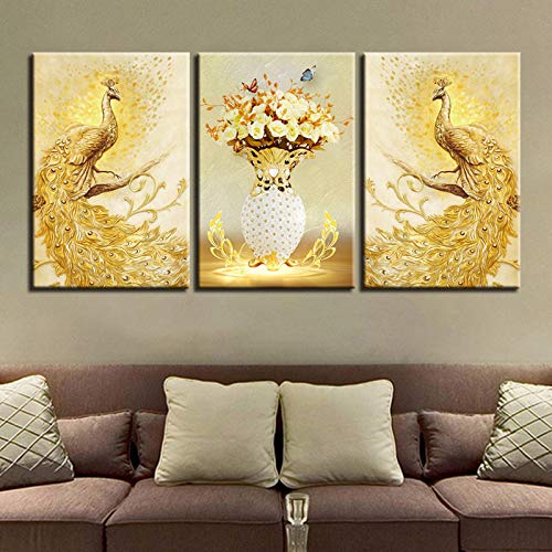 Leinwand Poster HD-Drucke Goldener Pfau Bilder Wandkunst Pfau Paar Blumen Gemälde für Wohnzimmer Innendekoration Wandbild -50x70cmx3pcs Kein Rahmen von Lakabara