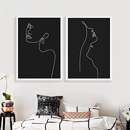 Leinwand Wandkunst Abstrakte Frau Gesicht Eine Linie Gemälde Schwarz und Weiß Minimalistisches Bild Modernes Poster Home Room Wall Decor 50x70cmx2pcs Rahmenlos von Lakabara