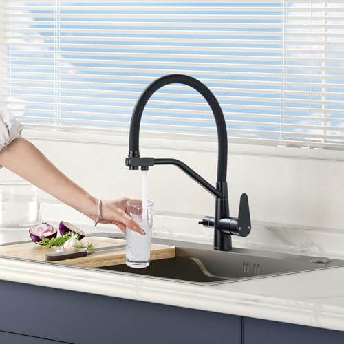 LakeBayMZC 3 Wege Wasserhahn Küche,3 in 1 Mischbatterie für Wasserfilter,Trinkwasserhahn mit 2 Hebel,360°Drehbar Küchenarmatur,Drei Wege Armatur Küche aus SUS 304 Edelstahl,Schwarz Matt von LakeBayMZC