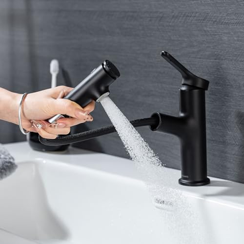 LakeBayMZC Waschtischarmatur mit Ausziehbar Brause Wasserhahn Bad,Einhebelmischer Badarmatur Waschbeckenarmatur für Aufsatzwaschbecken mit 3 Wasserstrahlarten Brause,Schwarz Matt von LakeBayMZC