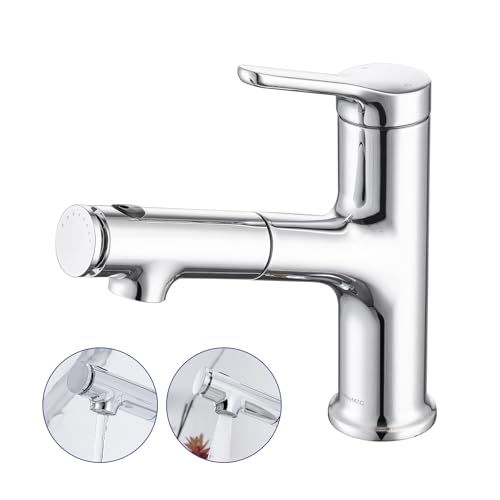 LakeBayMZC Waschtischarmatur mit Ausziehbar Brause Wasserhahn Bad,Einhebelmischer Badarmatur Waschbeckenarmatur für Aufsatzwaschbecken mit 3 Wasserstrahlarten Brause,Chrom von LakeBayMZC