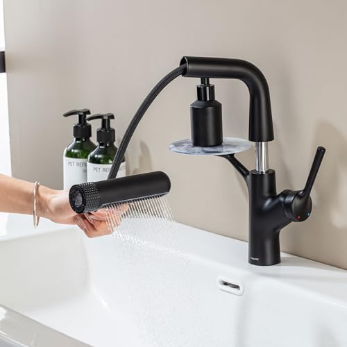 LakeBayMZC Waschtischarmatur mit herausziehbarer Brause Wasserhahn Bad,Einhebelmischer Badarmatur Waschtischarmatur für Aufsatzwaschbecken mit 6 WasserstrahlartenBrause ausziehhar,Schwarz Matt von LakeBayMZC