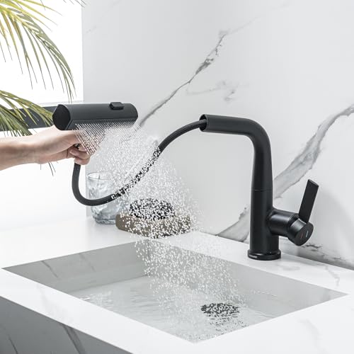 LakeBayMZC Wasserhahn Bad mit Brause Ausziehbar,Waschtischarmatur für Aufsatzwaschbecken mit 3 Wasserstrahlarten Brause ausziehhar,Mischbatterie Bad Höhenverstellbar,Schwarz Matt von LakeBayMZC
