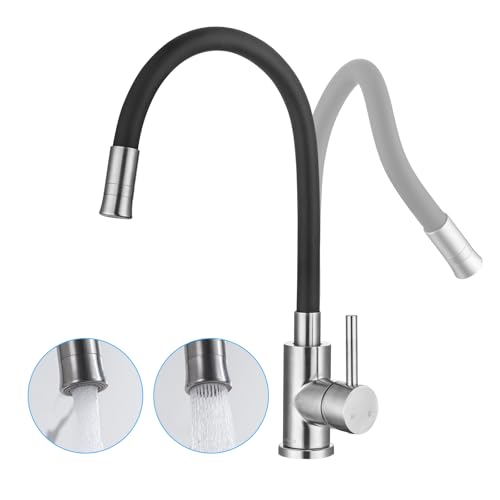 LakeBayMZC Wasserhahn Küche Mit 2 Wasserstrahlarten,Küchenarmatur Schwarz mit Flexibler Auslauf, 360° drehbare Armatur Küche,Spültischarmatur Küche aus Edelstahl Gebürstet und Sicherer Silikonschlauch von LakeBayMZC