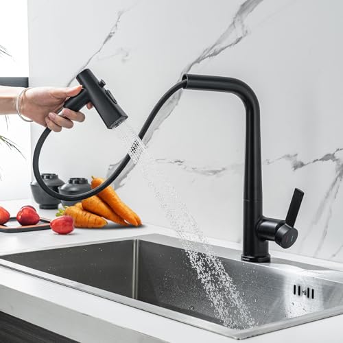 LakeBayMZC Wasserhahn Küche Mit Brause Ausziehbar,Küchenarmatur 360°Schwenkbar Spültischarmatur,Einhebel Armatur Küche mit 3 Strahlarten,Schwarz Matt von LakeBayMZC