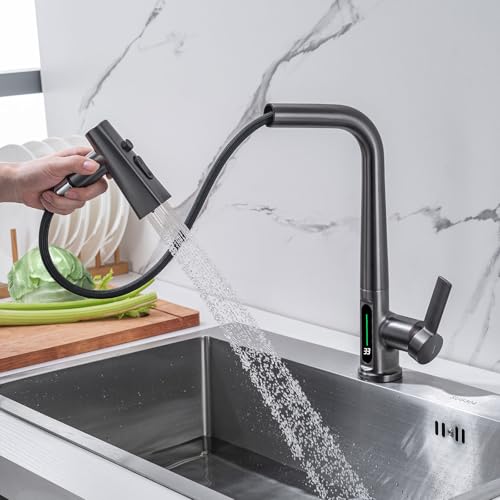 LakeBayMZC Wasserhahn Küche Mit Brause Ausziehbar, Küchenarmatur 360° Schwenkbar Spültischarmatur LED Temperaturanzeige, Einhebel Armatur Küche mit 3 Strahlarten,Pistolengrau von LakeBayMZC