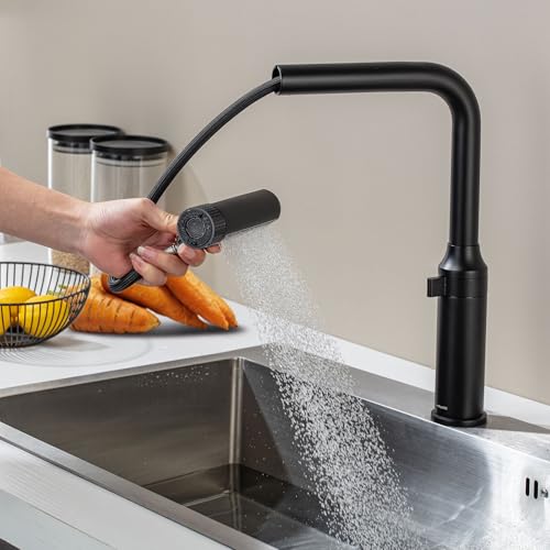 LakeBayMZC Wasserhahn Küche Mit Brause Ausziehbar, Küchenarmatur 360° Schwenkbar,Einhebel Armatur Küche mit 6 Strahlarten,Schwarz Matt von LakeBayMZC