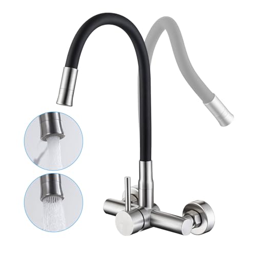 LakeBayMZC Wasserhahn Küche Wandmontage,Edelstahl Wandarmatur Küche mit 2 Wasserstrahlarten, Küchenamatur mit Flexibler Auslauf von LakeBayMZC