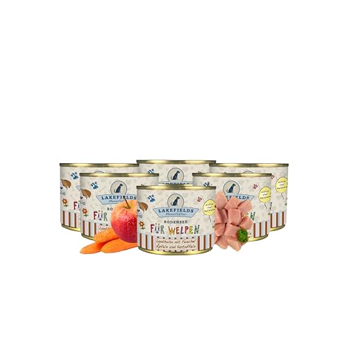 Lakefields Premium Welpenfutter Nass | Huhn 61% | 6 x 200g | Getreidefreies Hundefutter für Welpen | Natürliche Zutaten in Lebensmittelqualität | Karotten, Kartoffeln & Apfel | Schonend gegart von Lakefields