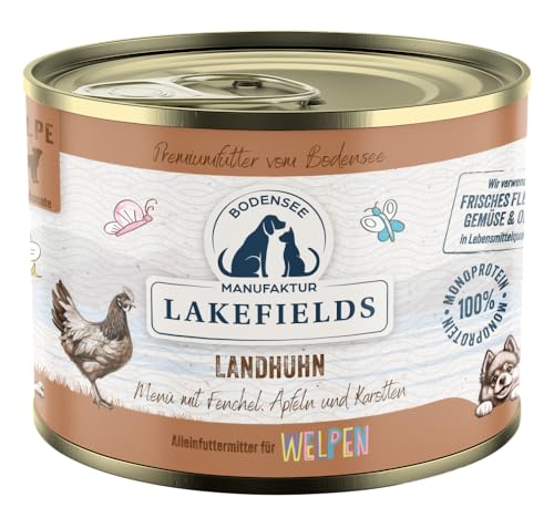 Lakefields Premium Welpenfutter Nass | Huhn 61% | 200g | Getreidefreies Hundefutter für Welpen | Natürliche Zutaten in Lebensmittelqualität | Karotten, Kartoffeln & Apfel | Schonend gegart von Lakefields