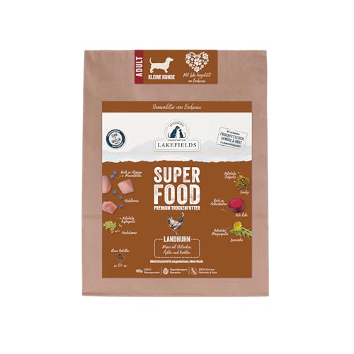 Lakefields SUPERFOOD | Premium Hundefutter trocken | 61% Huhn | 1kg | Getreidefreies Hundefutter für kleine Hunde | Mit Hagebutte, Heidelbeeren & Roter Beete | Von Tierärzten entwickelt von Lakefields