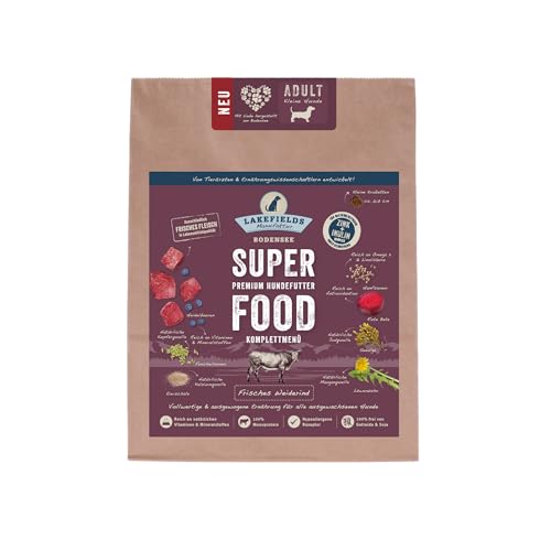 Lakefields SUPERFOOD | Premium Hundefutter trocken | 60% Rind | 1 x 1kg | Getreidefreies Trockenfutter für kleine ausgewachsene Hunde | Mit Heidelbeeren & Roter Beete | Von Tierärzten entwickelt von Lakefields