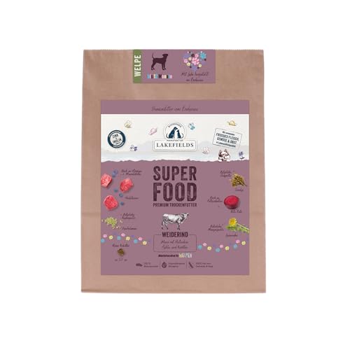 Lakefields SUPERFOOD | Premium Welpenfutter trocken | 61% Rind | 1 x 1kg | Getreidefreies Trockenfutter für Welpen | Mit Löwenzahn, Leinsamen & Roter Beete | Von Tierärzten entwickelt von Lakefields