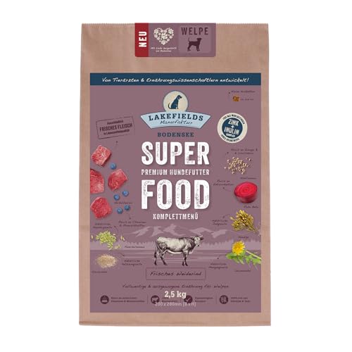 Lakefields SUPERFOOD | Premium Welpenfutter trocken | 60% Rind | 1 x 2,5kg | Getreidefreies Trockenfutter für Welpen | Mit Löwenzahn, Hanfsamen & Roter Beete | Von Tierärzten entwickelt von Lakefields