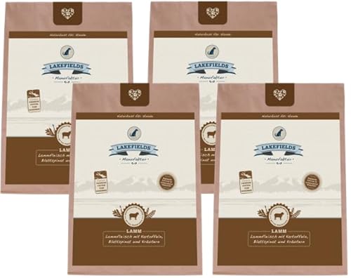 Lakefields Premium Hundefutter trocken | Lamm 68% | 4 x 1kg | Getreidefreies Trockenfutter für ausgewachsene Hunde | Zutaten in Lebensmittelqualität | Zucchini, Äpfel & Spinat | Schonend gebacken von Lakefields