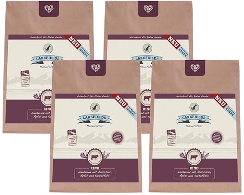 Lakefields Premium Hundefutter trocken | Rind 68% | 4 x 1kg | Getreidefreies Trockenfutter für kleine Hunde | Extra kleine Kroketten | Fenchel, Äpfel & Rote Beete | Zutaten in Lebensmittelqualität von Lakefields