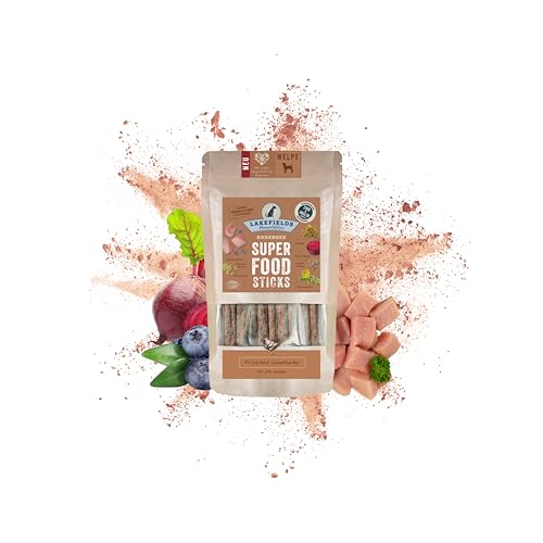 Lakefields SUPERFOOD Sticks | Premium Hundeleckerli für Welpen | Huhn 61,5% | 130g | Getreidefreie & nährstoffreiche Hunde Snacks | Mit Hanfsamen & Heidelbeeren | Entwickelt mit Tierärzten von Lakefields