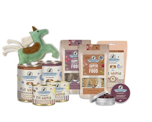 Lakefields Welpenbox | Premium Probierpaket mit Welpen Nassfutter & Trockenfutter | Huhn & Rind | Leckerlies & nachhaltiges Welpenspielzeug | 9 Inhalte zum Testen von Lakefields